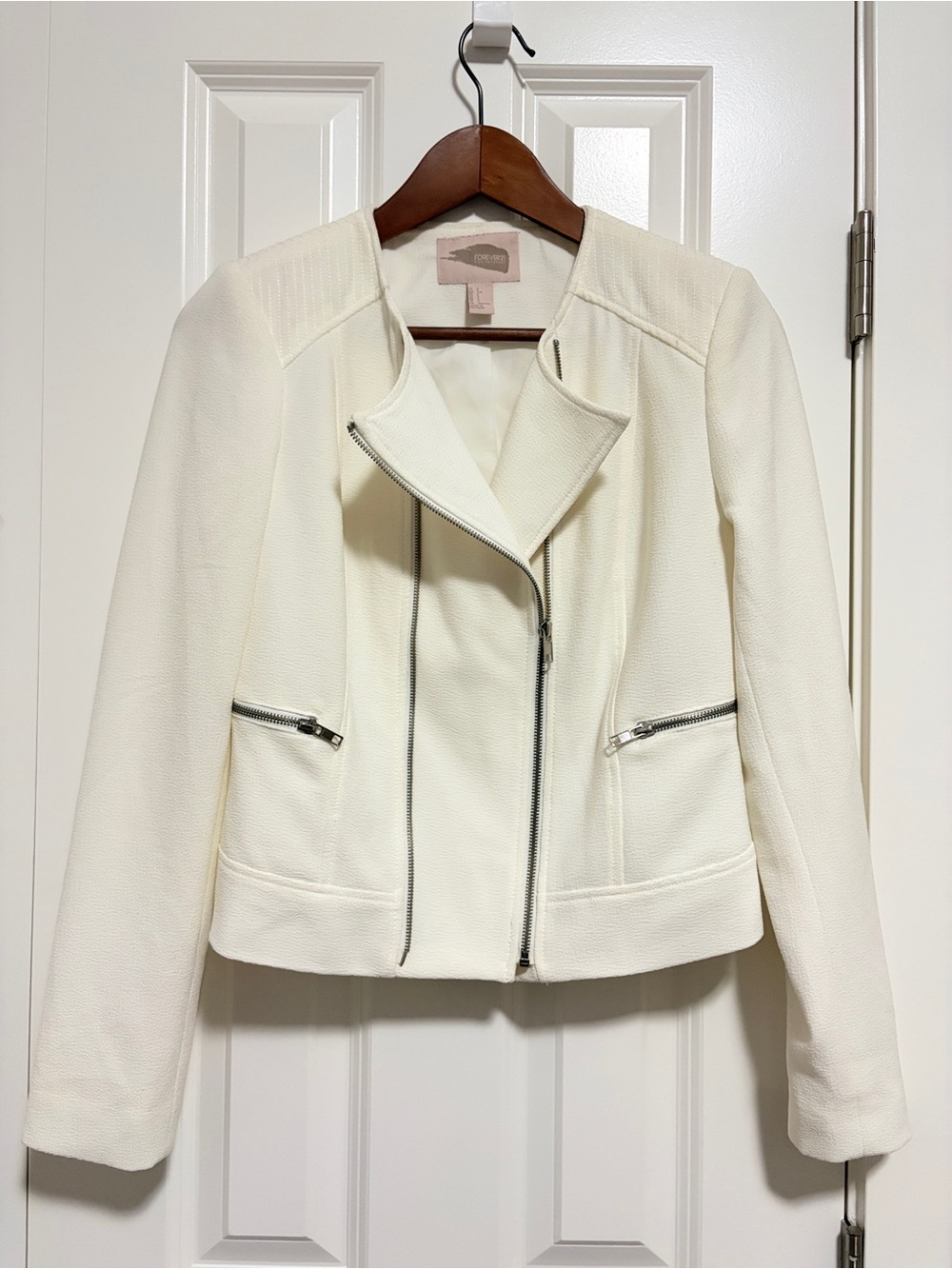 Forever 21 Cream Asymmetrical Zip Moto Jacket